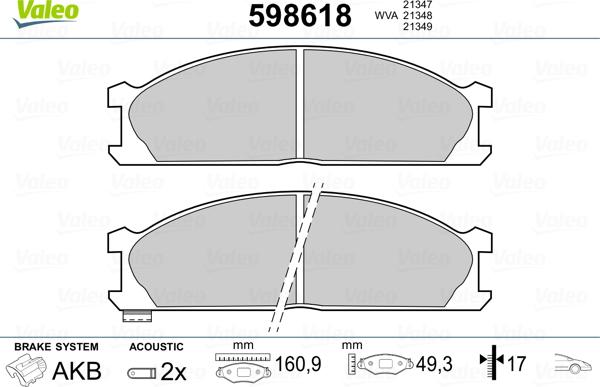 Valeo 598618 - Комплект спирачно феродо, дискови спирачки vvparts.bg