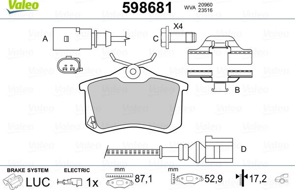 Valeo 598681 - Комплект спирачно феродо, дискови спирачки vvparts.bg