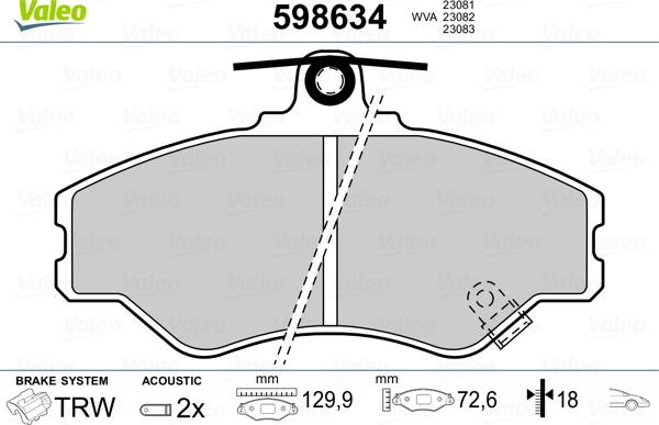 Valeo 598634 - Комплект спирачно феродо, дискови спирачки vvparts.bg