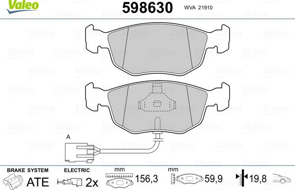 Valeo 598630 - Комплект спирачно феродо, дискови спирачки vvparts.bg