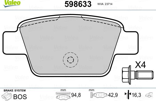 Valeo 598633 - Комплект спирачно феродо, дискови спирачки vvparts.bg