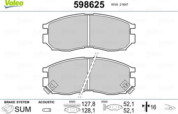 Valeo 598625 - Комплект спирачно феродо, дискови спирачки vvparts.bg