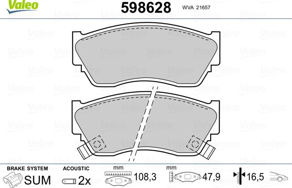 Valeo 598628 - Комплект спирачно феродо, дискови спирачки vvparts.bg