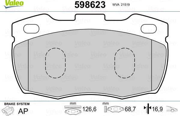 Valeo 598623 - Комплект спирачно феродо, дискови спирачки vvparts.bg