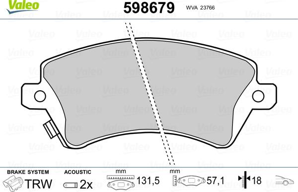 Valeo 598679 - Комплект спирачно феродо, дискови спирачки vvparts.bg