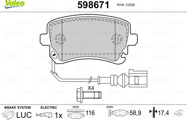 Valeo 598671 - Комплект спирачно феродо, дискови спирачки vvparts.bg