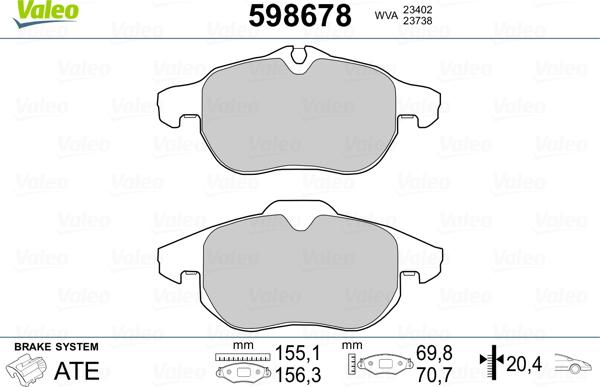 Valeo 598678 - Комплект спирачно феродо, дискови спирачки vvparts.bg