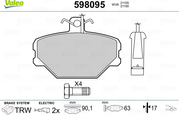 Valeo 598095 - Комплект спирачно феродо, дискови спирачки vvparts.bg