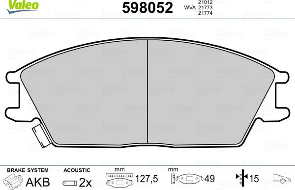 Valeo 598052 - Комплект спирачно феродо, дискови спирачки vvparts.bg