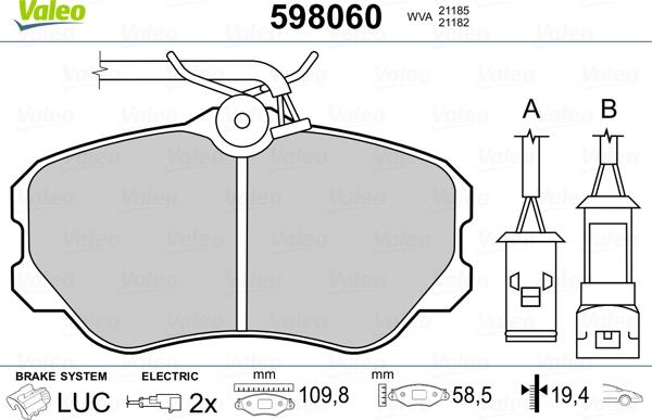 Valeo 598060 - Комплект спирачно феродо, дискови спирачки vvparts.bg