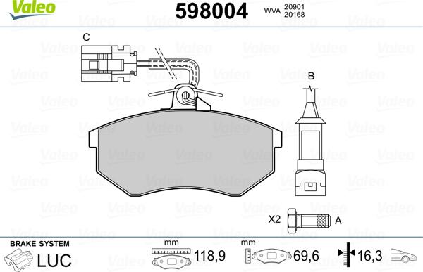 Valeo 598004 - Комплект спирачно феродо, дискови спирачки vvparts.bg