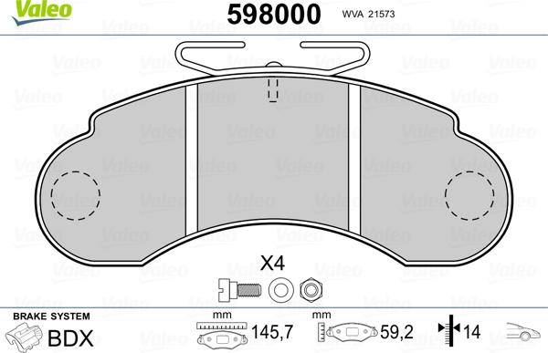 Valeo 598000 - Комплект спирачно феродо, дискови спирачки vvparts.bg