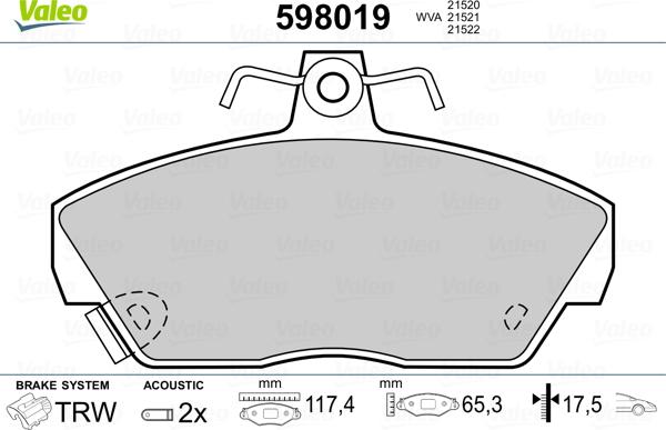 Valeo 598019 - Комплект спирачно феродо, дискови спирачки vvparts.bg