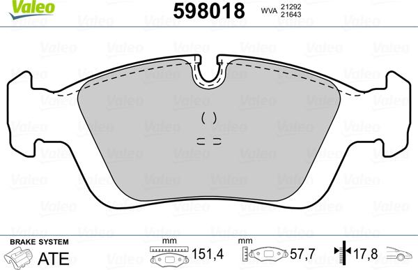 Valeo 598018 - Комплект спирачно феродо, дискови спирачки vvparts.bg