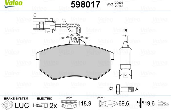 Valeo 598017 - Комплект спирачно феродо, дискови спирачки vvparts.bg