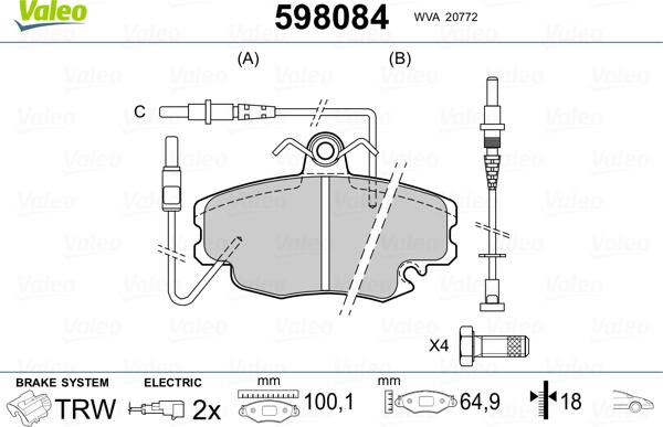 Valeo 598084 - Комплект спирачно феродо, дискови спирачки vvparts.bg