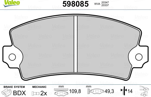 Valeo 598085 - Комплект спирачно феродо, дискови спирачки vvparts.bg