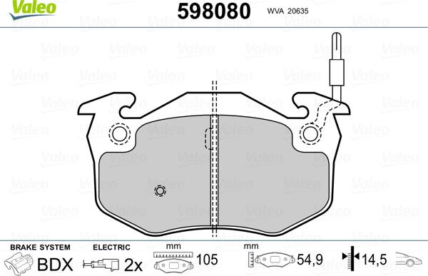 Valeo 598080 - Комплект спирачно феродо, дискови спирачки vvparts.bg