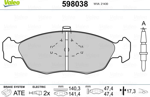 Valeo 598038 - Комплект спирачно феродо, дискови спирачки vvparts.bg