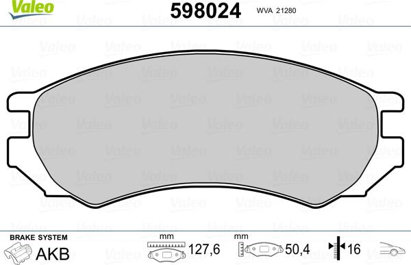 Valeo 598024 - Комплект спирачно феродо, дискови спирачки vvparts.bg