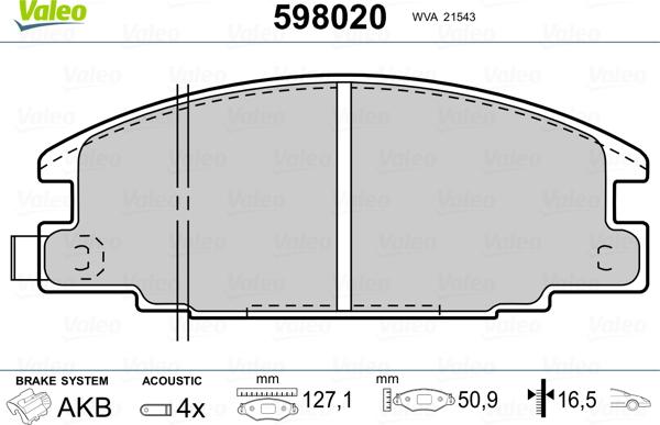 Valeo 598020 - Комплект спирачно феродо, дискови спирачки vvparts.bg