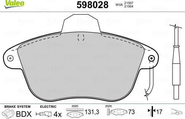 Valeo 598028 - Комплект спирачно феродо, дискови спирачки vvparts.bg