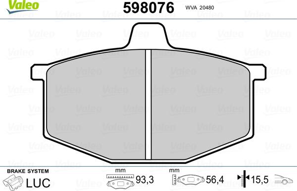 Valeo 598076 - Комплект спирачно феродо, дискови спирачки vvparts.bg