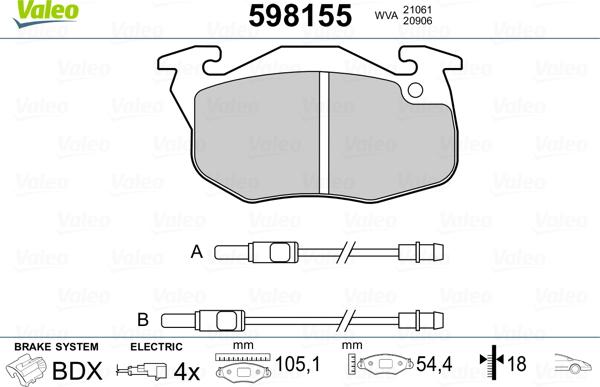 Valeo 598155 - Комплект спирачно феродо, дискови спирачки vvparts.bg