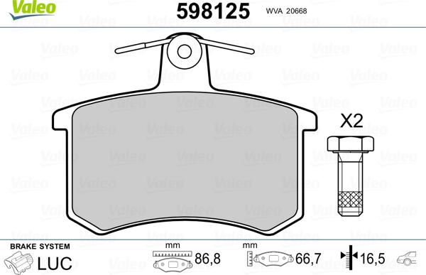 Valeo 598125 - Комплект спирачно феродо, дискови спирачки vvparts.bg