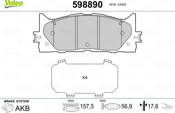 Valeo 598890 - Комплект спирачно феродо, дискови спирачки vvparts.bg