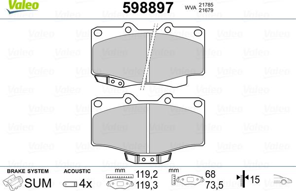 Valeo 598897 - Комплект спирачно феродо, дискови спирачки vvparts.bg