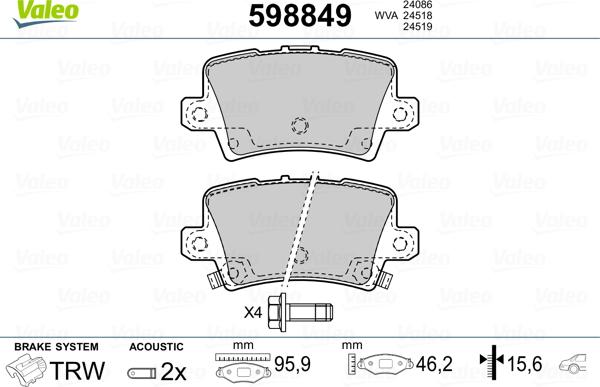 Valeo 598849 - Комплект спирачно феродо, дискови спирачки vvparts.bg