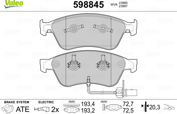 Valeo 598845 - Комплект спирачно феродо, дискови спирачки vvparts.bg