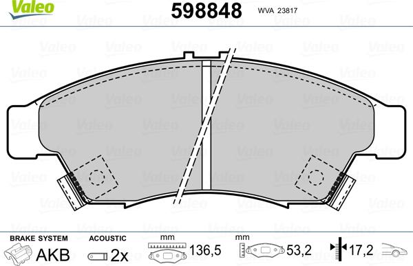 Valeo 598848 - Комплект спирачно феродо, дискови спирачки vvparts.bg