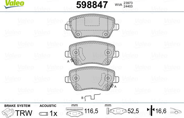 Valeo 598847 - Комплект спирачно феродо, дискови спирачки vvparts.bg