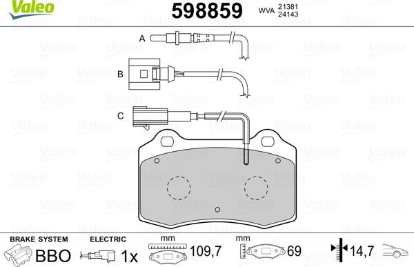 Valeo 598859 - Комплект спирачно феродо, дискови спирачки vvparts.bg