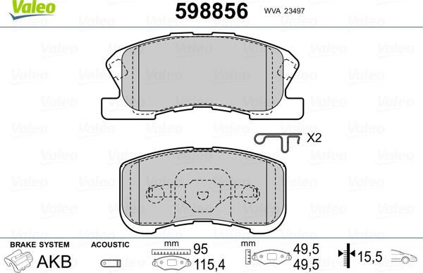 Valeo 598856 - Комплект спирачно феродо, дискови спирачки vvparts.bg