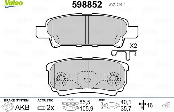 Valeo 598852 - Комплект спирачно феродо, дискови спирачки vvparts.bg