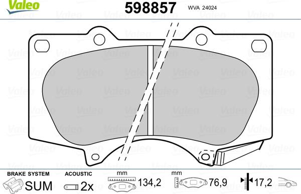 Valeo 598857 - Комплект спирачно феродо, дискови спирачки vvparts.bg