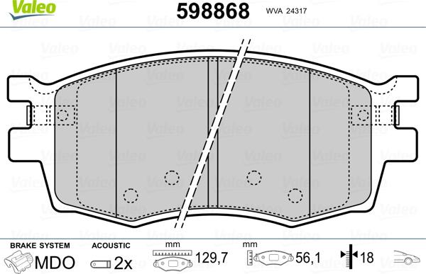 Valeo 598868 - Комплект спирачно феродо, дискови спирачки vvparts.bg