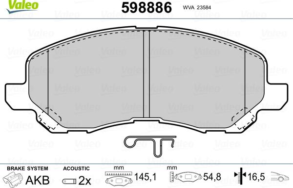 Valeo 598886 - Комплект спирачно феродо, дискови спирачки vvparts.bg