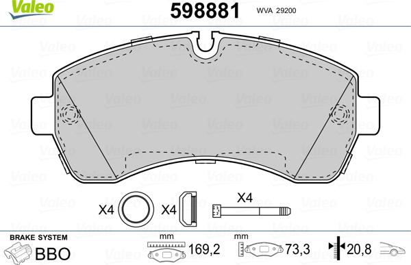 Valeo 598881 - Комплект спирачно феродо, дискови спирачки vvparts.bg