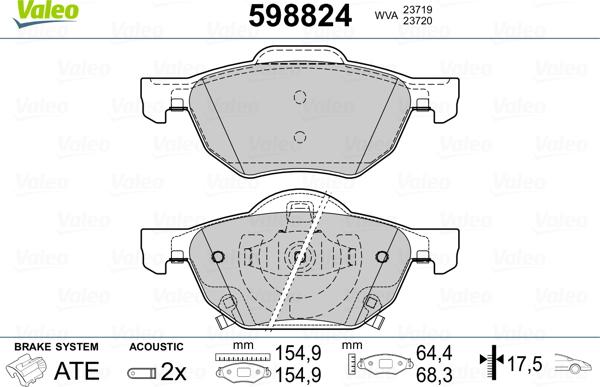 Valeo 598824 - Комплект спирачно феродо, дискови спирачки vvparts.bg