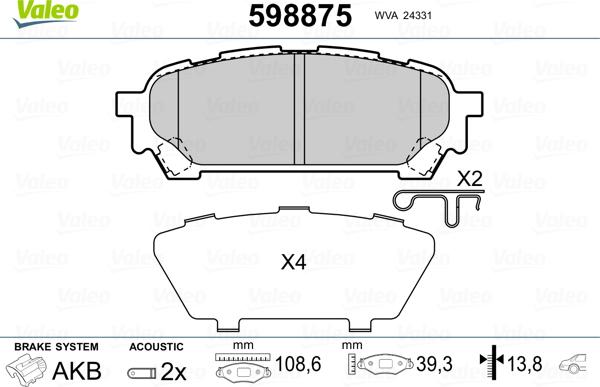 Valeo 598875 - Комплект спирачно феродо, дискови спирачки vvparts.bg