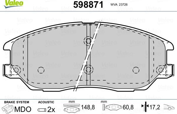 Valeo 598871 - Комплект спирачно феродо, дискови спирачки vvparts.bg