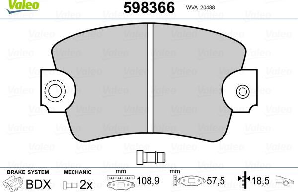 Valeo 598366 - Комплект спирачно феродо, дискови спирачки vvparts.bg