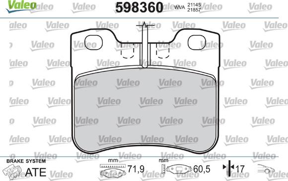 Valeo 598360 - Комплект спирачно феродо, дискови спирачки vvparts.bg