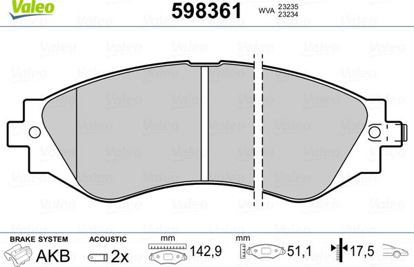 Valeo 598361 - Комплект спирачно феродо, дискови спирачки vvparts.bg