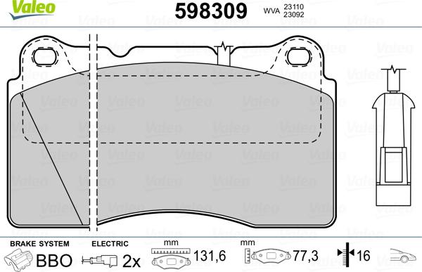 Valeo 598309 - Комплект спирачно феродо, дискови спирачки vvparts.bg