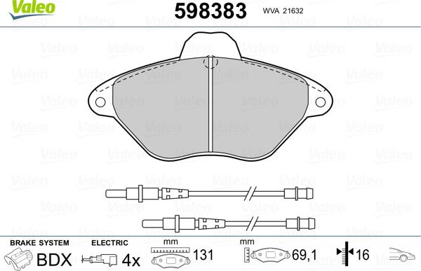 Valeo 598383 - Комплект спирачно феродо, дискови спирачки vvparts.bg